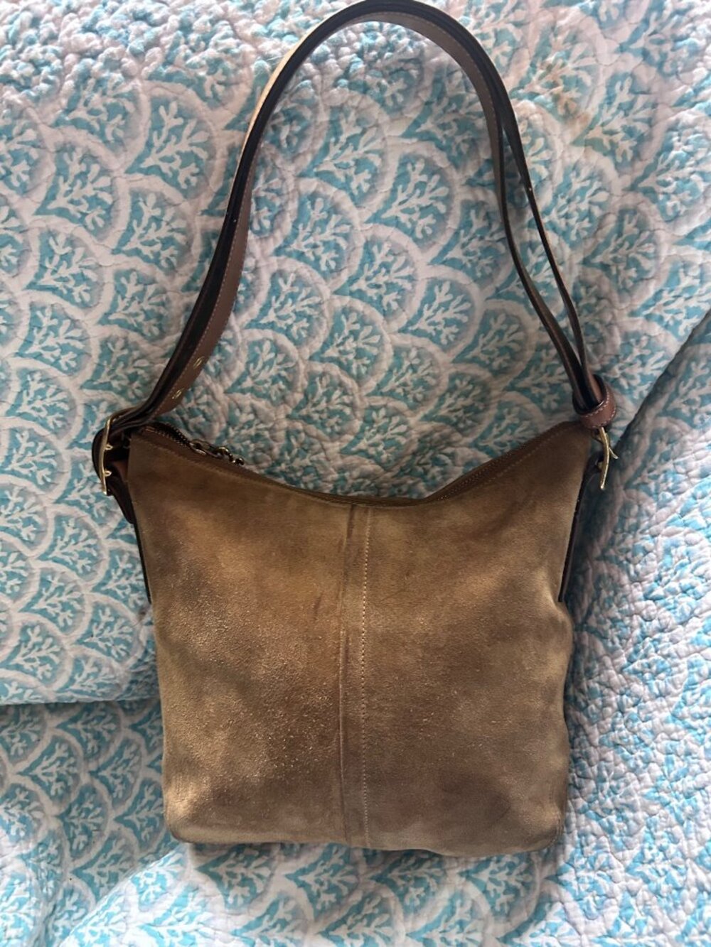 Coach 9821 Suede Leather Hobo Shoulder Bag Taupe Brown Brass Zip Purse